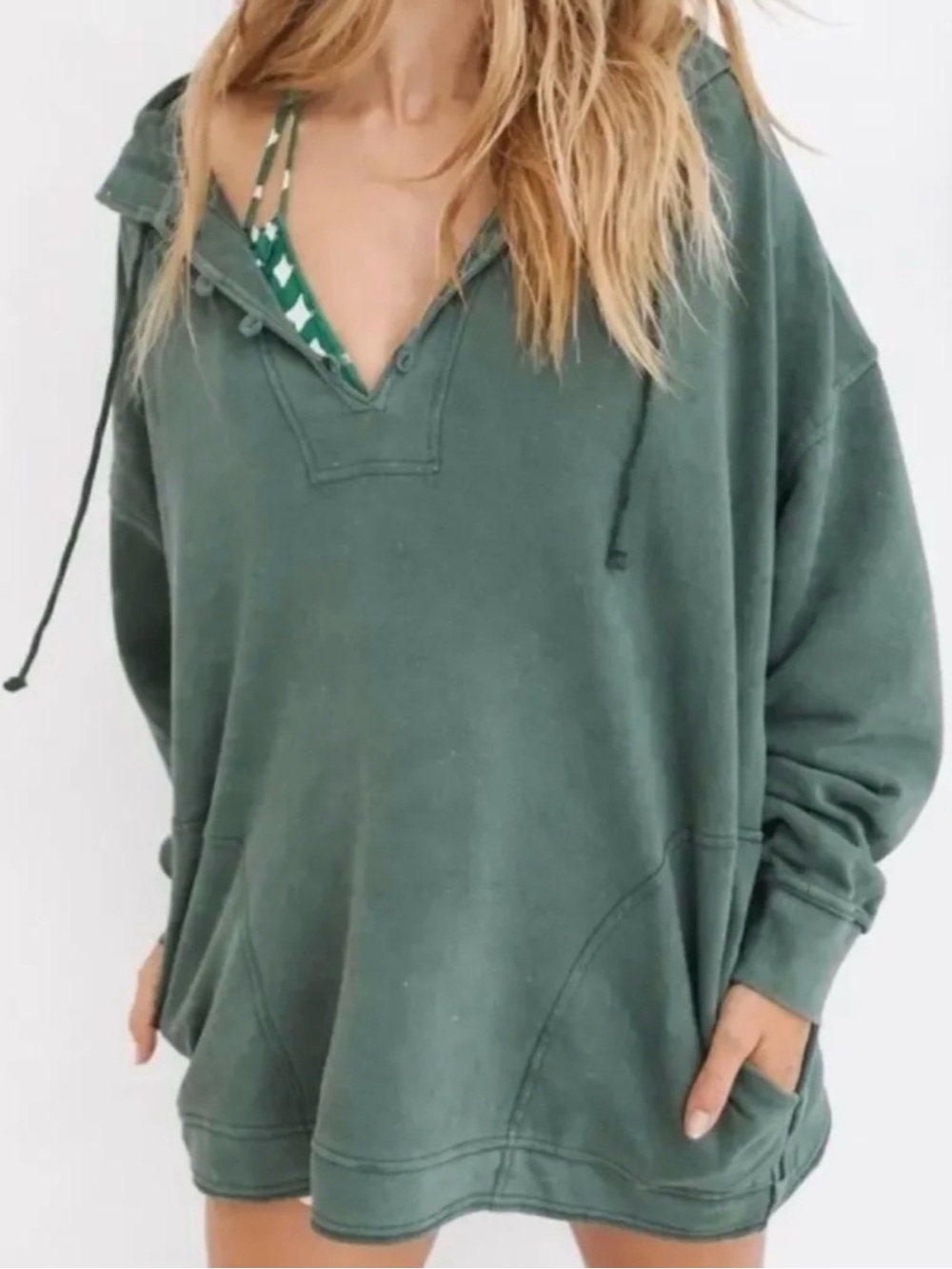 Aerie Oversized Beach Weekend Pullover Henley Hoodie M Forest Green Slouchy Boho